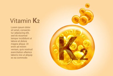 K2 vitamini. İçinde oksijen kabarcıkları olan altın topların vektör görüntüleri olan baner. Sağlık kavramı.