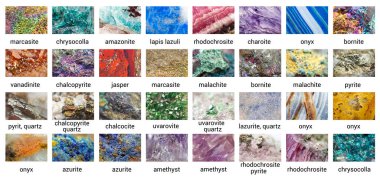 Collection of minerals. Beautiful surface of stones. Isolated over white background ( rhodochrosite,  charoite, lapis lazuli, amazonite,   chrysocolla, marcasite, onyx, bornite, vanadinite, jasper,  marcasite)  clipart