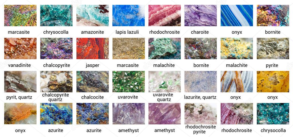 Collection of minerals. Beautiful surface of stones. Isolated over white background ( rhodochrosite,  charoite, lapis lazuli, amazonite,   chrysocolla, marcasite, onyx, bornite, vanadinite, jasper,  marcasite) 