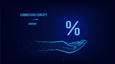 Komisyon kavramı. Polygonal elde yüzde sıfır sembolü. Koyu mavi arkaplan