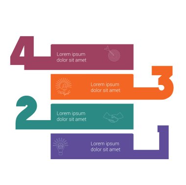 Bilgi için yatay renkli şeritler bilgi şablonu 4 pozisyonu. İş Stratejisi kavramı. Beyaz arkaplan üzerindeki projeler için evrensel şablon. 