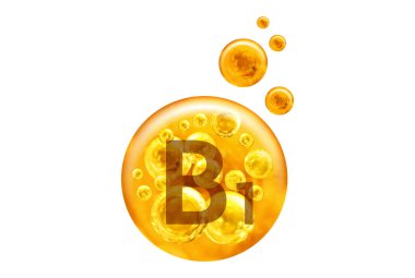 B1 vitamini kapsülü. Beyaz arka planda baloncuklu altın toplar. Sağlıklı yaşam tarzı kavramı. 