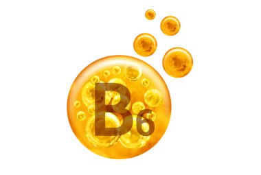  B6 vitamini kapsülü. Beyaz arka planda baloncuklu altın toplar. Sağlıklı yaşam tarzı kavramı. 