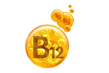  B12 vitamini kapsülü. Beyaz arka planda baloncuklu altın toplar. Sağlıklı yaşam tarzı kavramı.