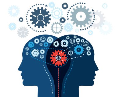  Vitesli iki insan kafası. İnsan beyni işlevsel konsept. Düşünce sürecinin benzersizliği ve karmaşıklığı. İletişim 