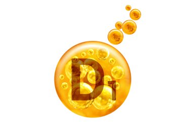 D1 vitamini kapsülü. Beyaz arka planda baloncuklu altın toplar. Sağlıklı yaşam tarzı kavramı.