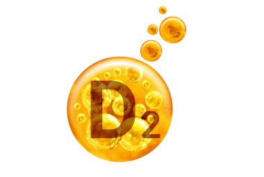  D2 vitamini kapsülü. Beyaz arka planda baloncuklu altın toplar. Sağlıklı yaşam tarzı kavramı.