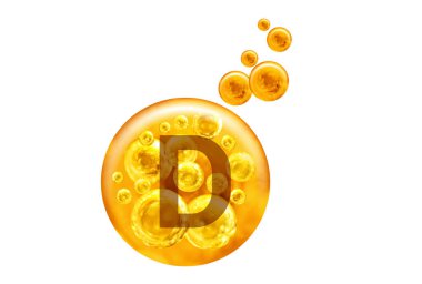 D vitamini kapsülü. Beyaz arka planda baloncuklu altın toplar. Sağlıklı yaşam tarzı kavramı.