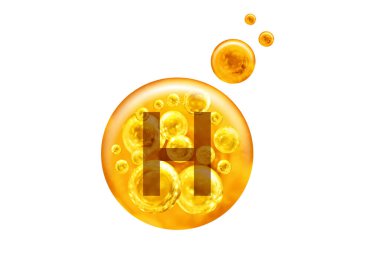 H vitamini kapsülü. Beyaz arka planda baloncuklu altın toplar. Sağlıklı yaşam tarzı kavramı.