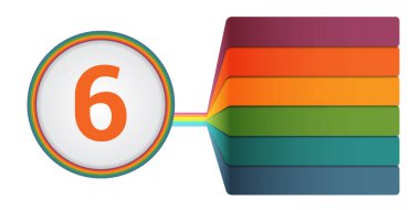 Infographics 6 pozisyon şablonu. Renkli numaralandırılmış şeritler. Bilgisel.