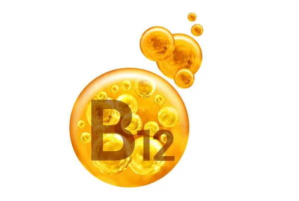 Vitamin B12 Kapsel Goldene Kugeln Mit Blasen Isoliert Auf Weißem — Stockfoto