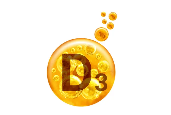  D3 vitamini kapsülü. Beyaz arka planda baloncuklu altın toplar. Sağlıklı yaşam tarzı kavramı..