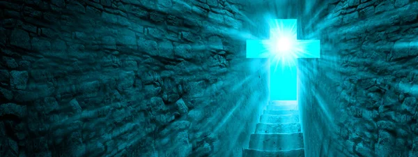 Biblical story concept. Resurrection of Jesus Christ. Religious Easter background.  Exit from the cave in the form of a cross. Bright sun and stairs leading to the exit. Easter sunday holy week sunrise. Jesus Christ is Risen.