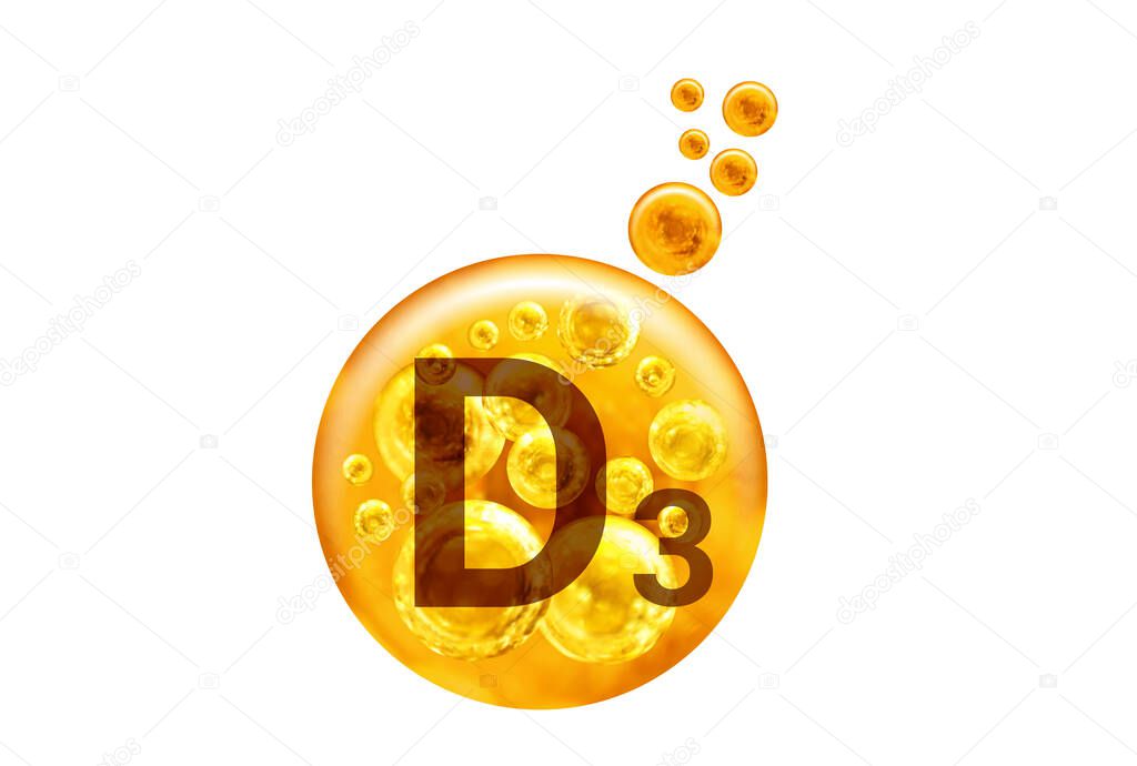  Vitamin D3 capsule. Golden balls with bubbles isolated on white background. Healthy lifestyle concept..