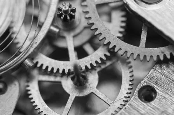 Fondo blanco y negro con ruedas dentadas de metal dentro del reloj — Foto de Stock