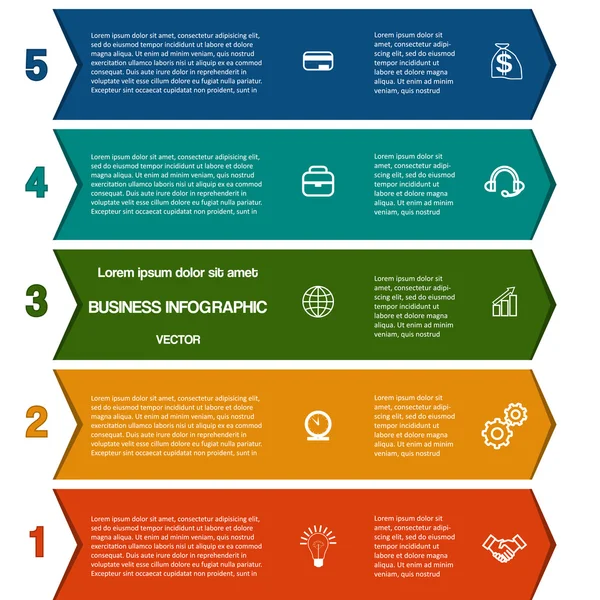 Tiras de cores infográficas de setas cinco posições — Vetor de Stock