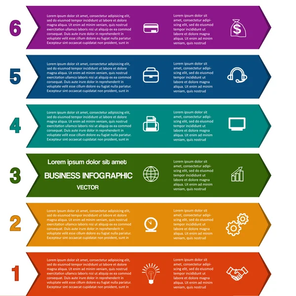 Tiras de cores infográficas de setas seis posições —  Vetores de Stock