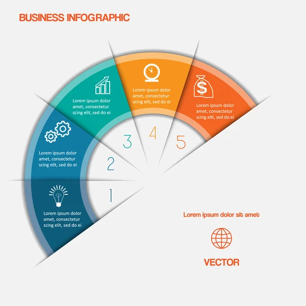 Semicírculo infográfico con áreas de texto en cinco posiciones — Vector de stock