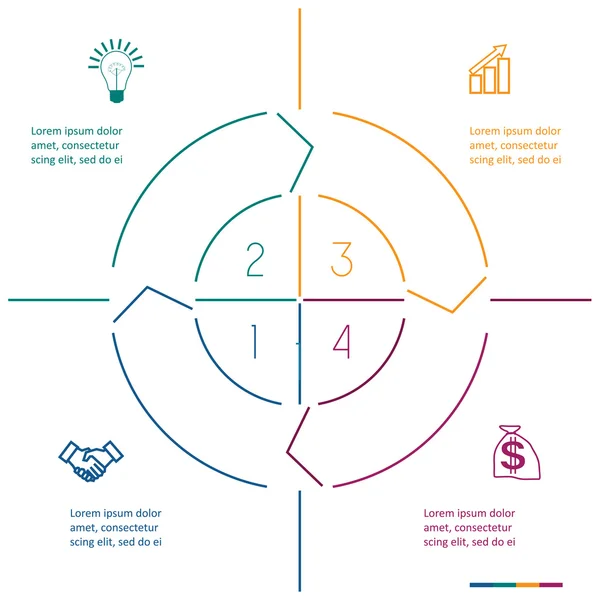 Infografica cerchio linee colorate quattro posizioni — Vettoriale Stock