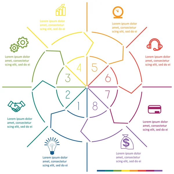 Infographic circle colourful lines eight positions — Stock Vector