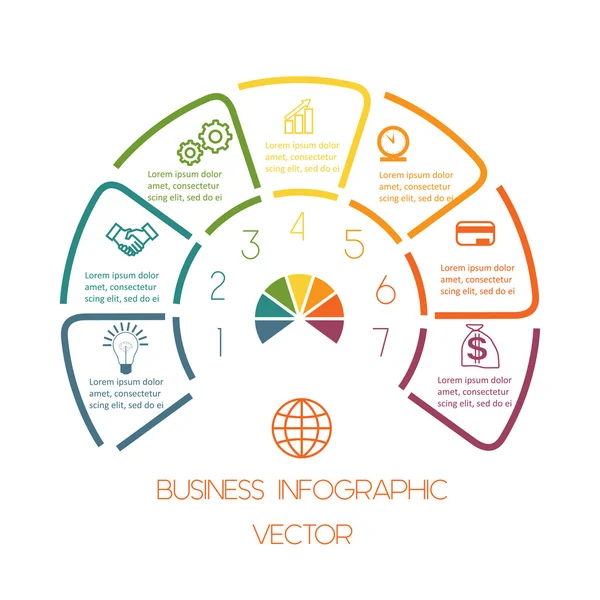 Lijnen halfronde infographic zeven posities — Stockvector