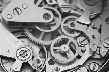 Siyah ve beyaz makro fotoğraf metal clockwork