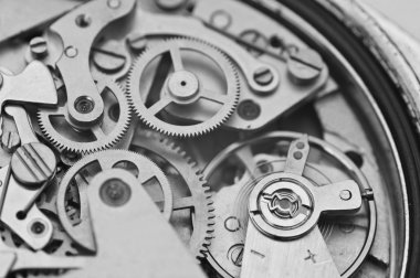 Siyah ve beyaz makro fotoğraf metal clockwork