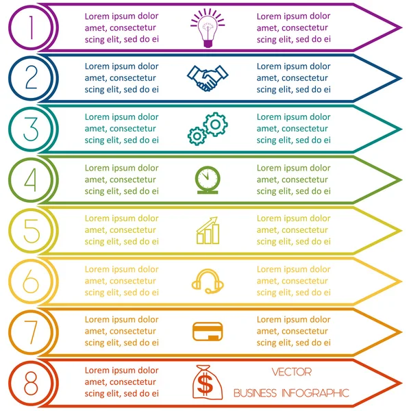 Infographic sjabloon van kleurrijke lijnen acht posities — Stockvector