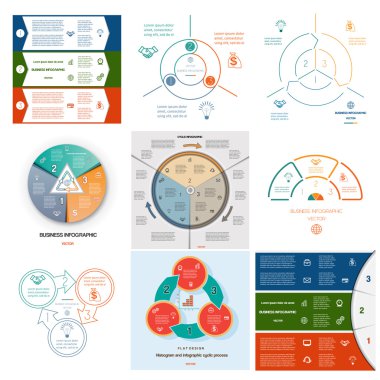9 şablonları Infographics döngüsel işlemler üç pozisyonlar ayarla.