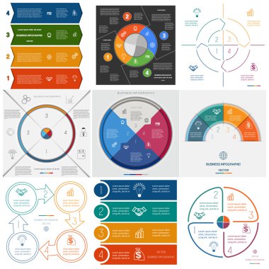 9 şablonları Infographics döngüsel işlemler üzerinde dört pozisyon ayarla.