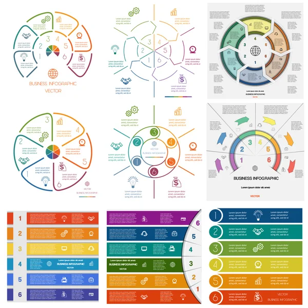 Набор 9 шаблонов Инфографические циклические процессы на шести позициях — стоковый вектор