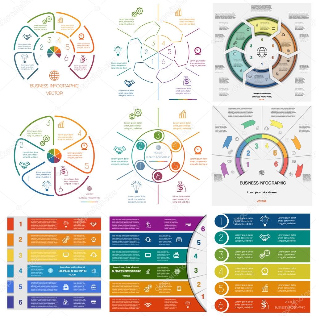 Set 9 templates Infographics cyclic processes on sixr positions