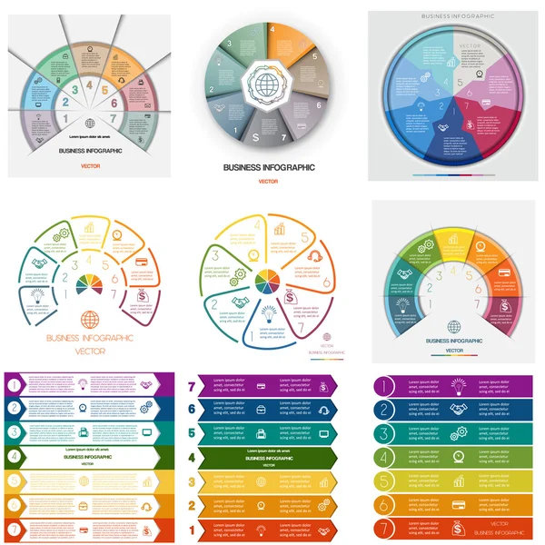 Sada 9 šablony infografiky cyklické procesy o sedm pozic — Stockový vektor