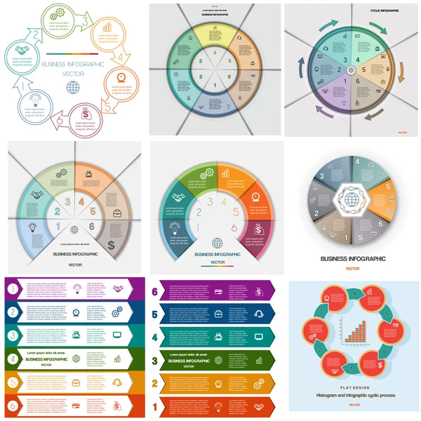 9 sjablonen Infographics cyclische processen zes posities instellen — Stockvector