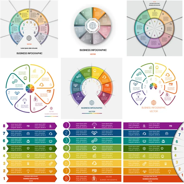 9 şablonları Infographics döngüsel işlemler sekiz pozisyonlar ayarla. — Stok Vektör