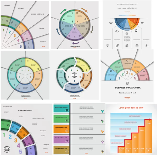 Set 9 plantillas Infografías procesos cíclicos cinco posiciones — Archivo Imágenes Vectoriales