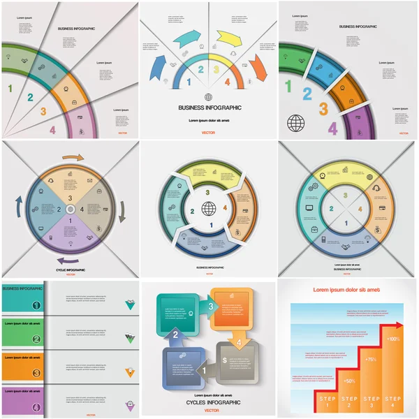9 Vorlagen gesetzt Infografik zyklische Prozesse vier Positionen — Stockvektor