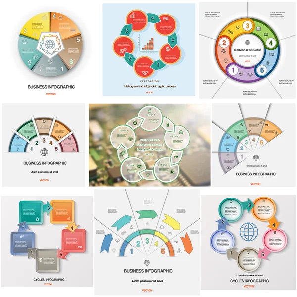 Set 9 templates Processos cíclicos infográficos em cinco posições — Vetor de Stock