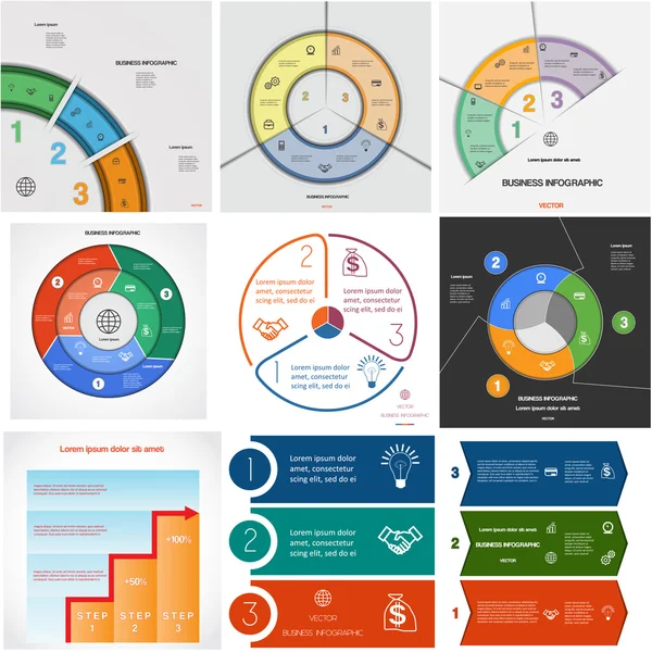 9 Vorlagen gesetzt Infografik zyklische Prozesse auf drei Positionen — Stockvektor