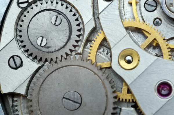 Metalen tandwielen in oude uurwerk, Macro. — Stockfoto