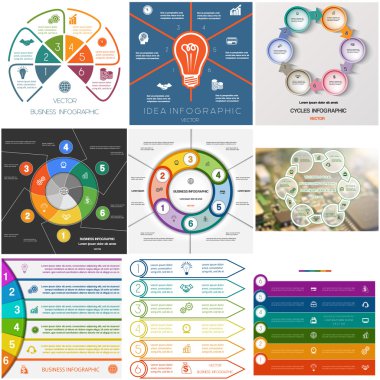 9 şablonları Infographics döngüsel işlemler altı pozisyonlar için ayarla