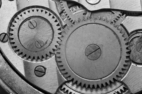 Cogwheels de metal preto e branco no relógio mais antigo, Macro . — Fotografia de Stock