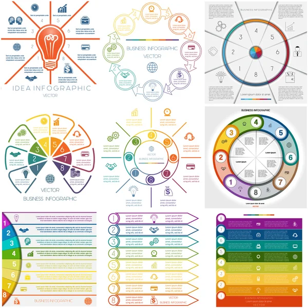 Set 9 plantillas Infografías procesos cíclicos ocho posiciones — Archivo Imágenes Vectoriales