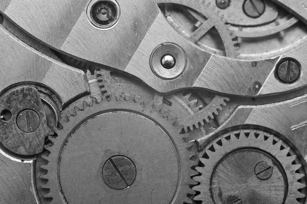 Cogwheel in metallo bianco e nero in Clockwork. Macro — Foto Stock