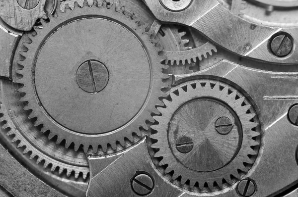 Cogwheel in metallo bianco e nero in Clockwork. Macro — Foto Stock