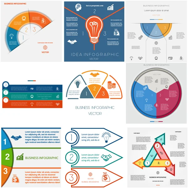 9 şablonları Infographics döngüsel işlemler ayarlayın. Üç pozisyon