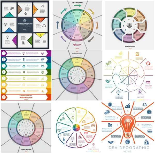 Set 9 plantillas Infografías ocho, nueve, diez posiciones — Archivo Imágenes Vectoriales