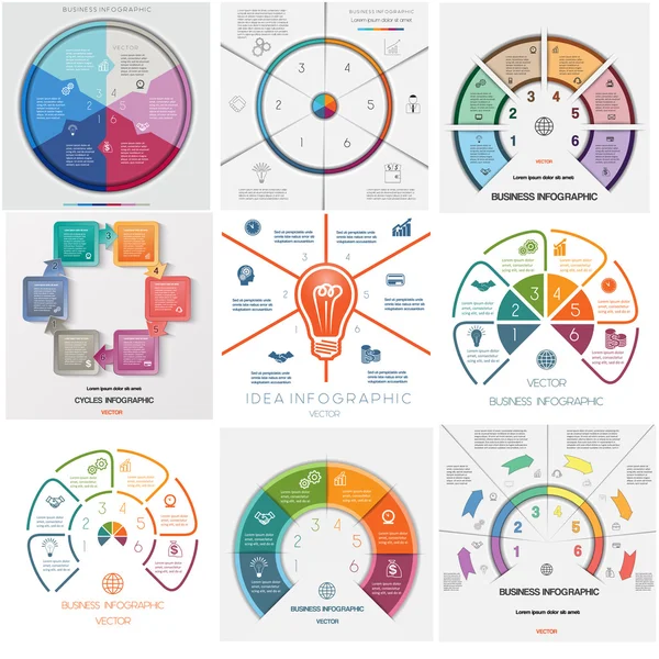 Set 9 modèles Infographies processus cycliques six positions — Image vectorielle