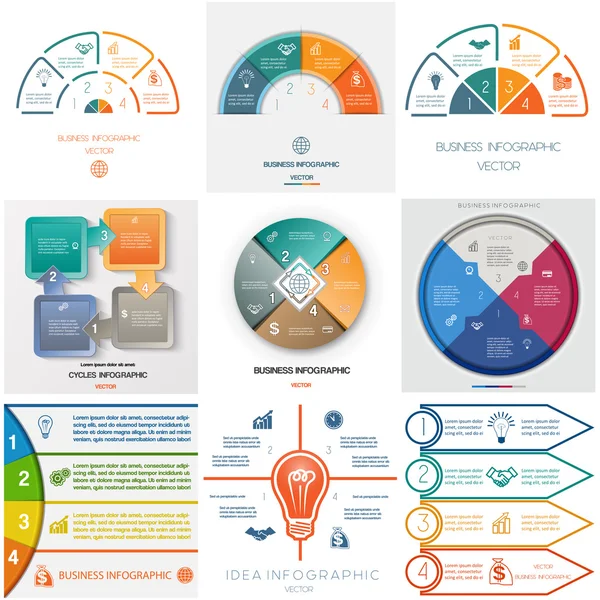 Σετ 9 πρότυπα Infographics κυκλικές διαδικασίες τέσσερις θέσεις — Διανυσματικό Αρχείο