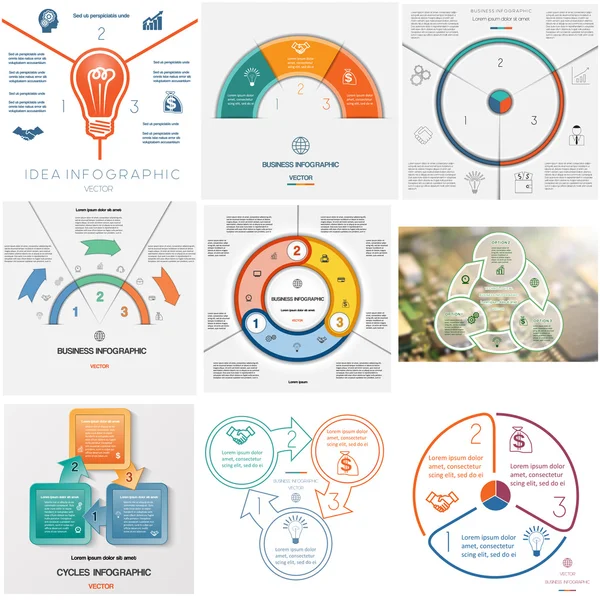 9 şablonları Infographics döngüsel işlemler üç pozisyonlar ayarla.
